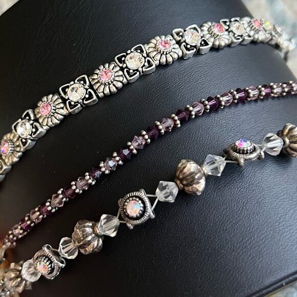 Silver + Pink, Purple, & Clear Crystal 3 Bracelet Stack Set - Picture 5 of 7